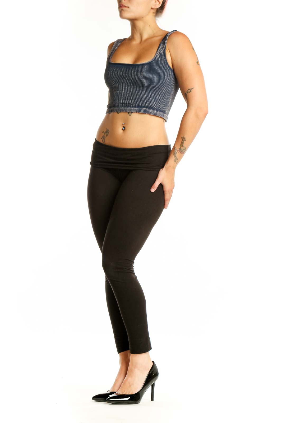 Navy ribbed crop tank top with square neckline and distressed hem, front view on model