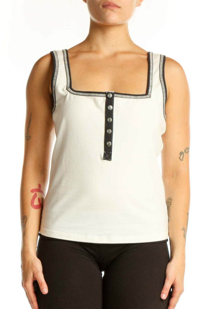 Cream square neck tank top with black trim and button front detail by Free People Movement