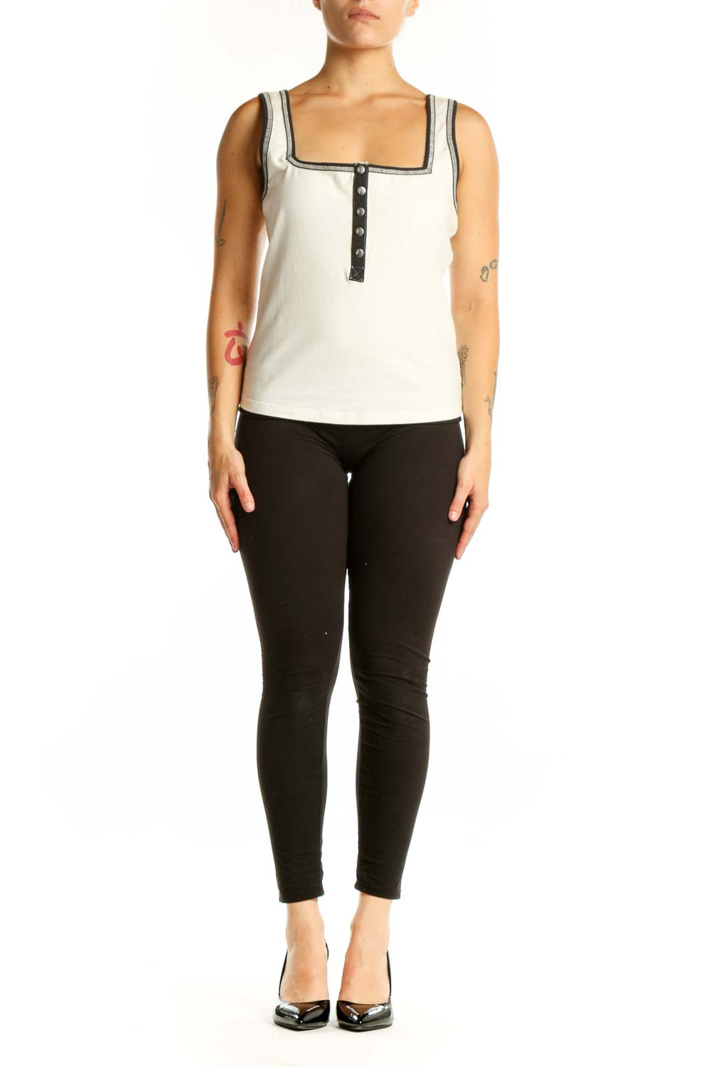 Cream square neck tank top with black trim and button front detail by Free People Movement