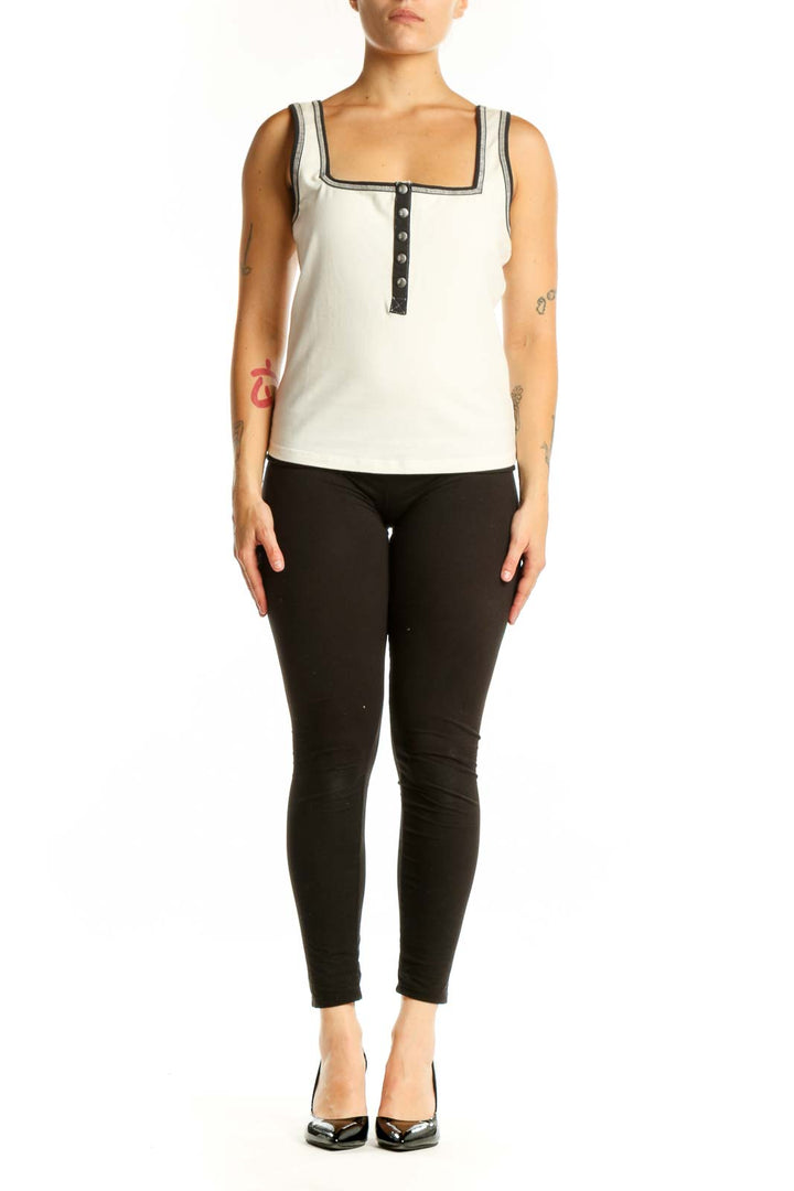 Cream square neck tank top with black trim and button front detail by Free People Movement