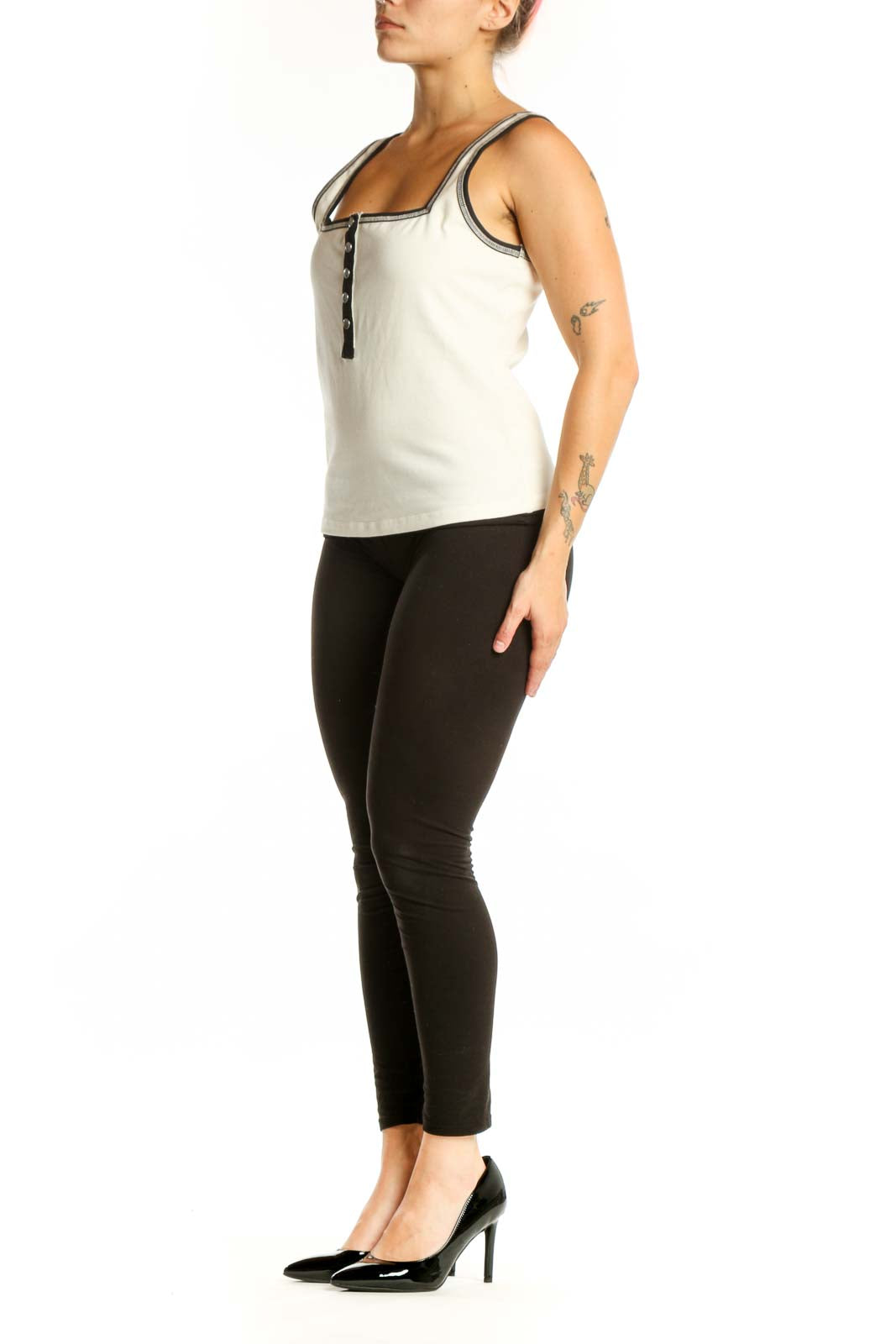 Cream square neck tank top with black trim and button front detail by Free People Movement