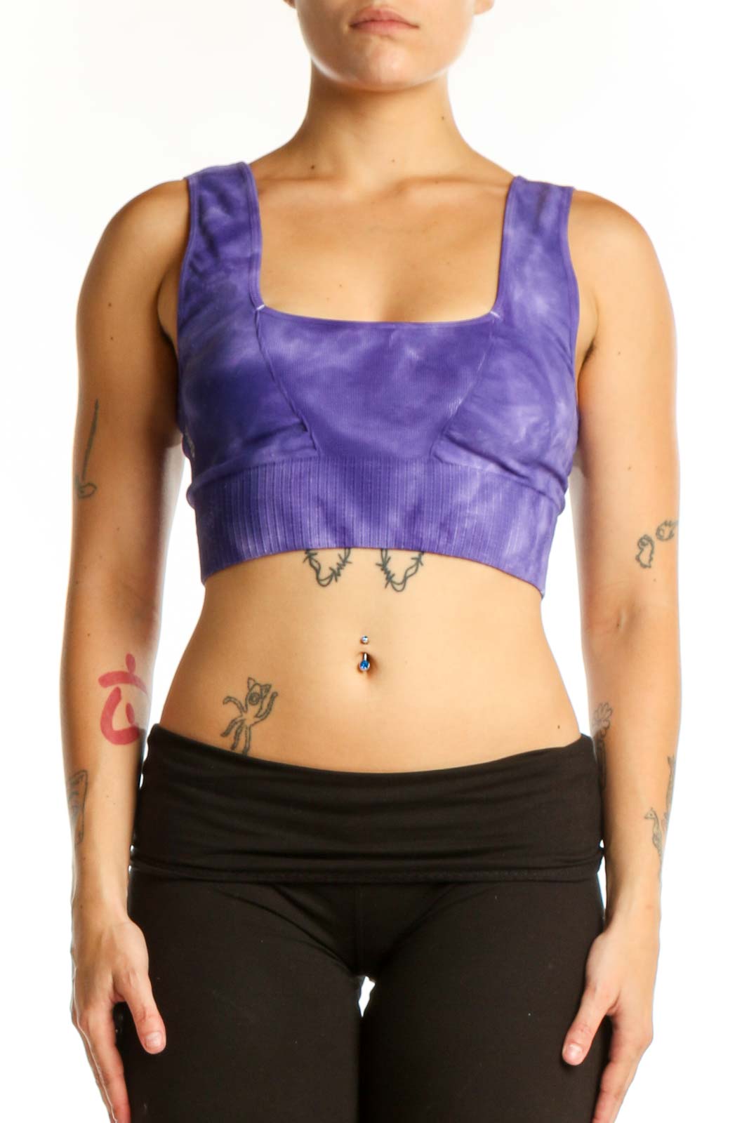 Purple tie-dye crop sports bra with square neckline and ribbed waistband, front view