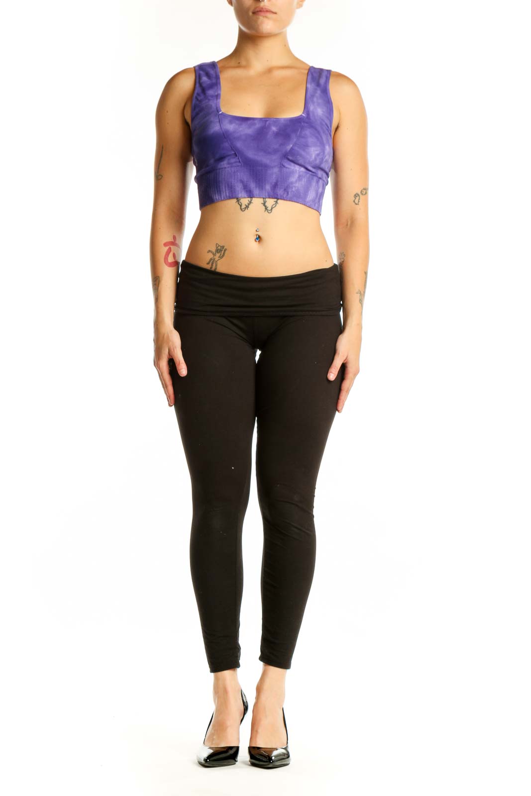 Purple tie-dye crop sports bra with square neckline and ribbed waistband, front view