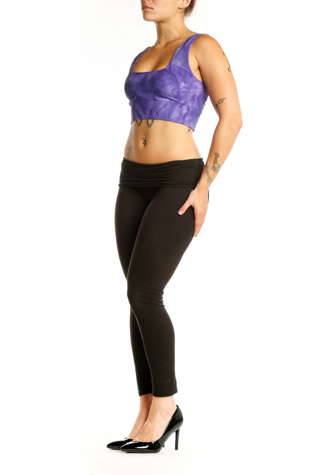Purple tie-dye crop sports bra with square neckline and ribbed waistband, front view