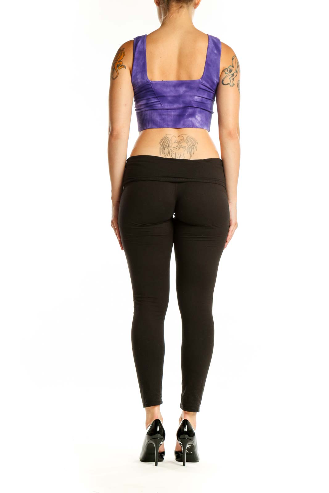 Purple tie-dye crop sports bra with square neckline, back view showing supportive design