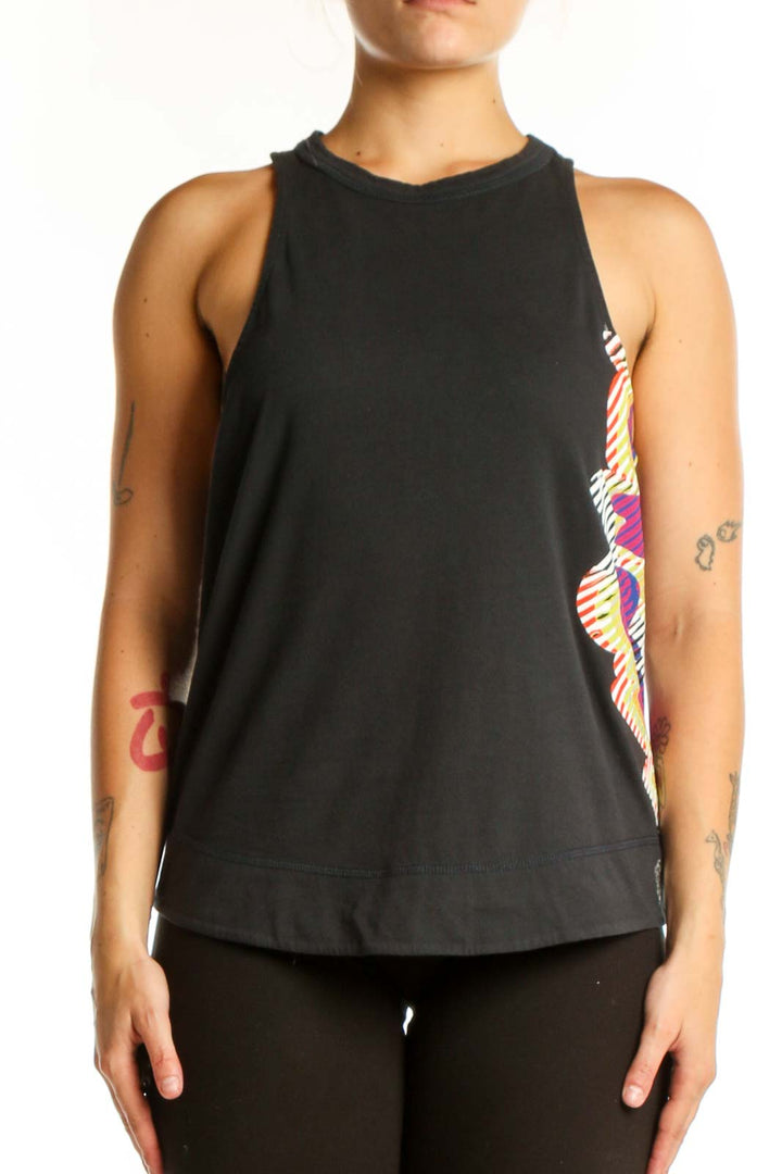 Black cotton activewear tank with multicolor geometric colorblock panels on sides, front view