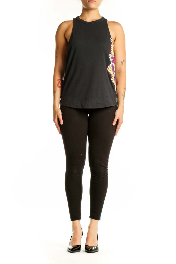 Black cotton activewear tank with multicolor geometric colorblock panels on sides, front view
