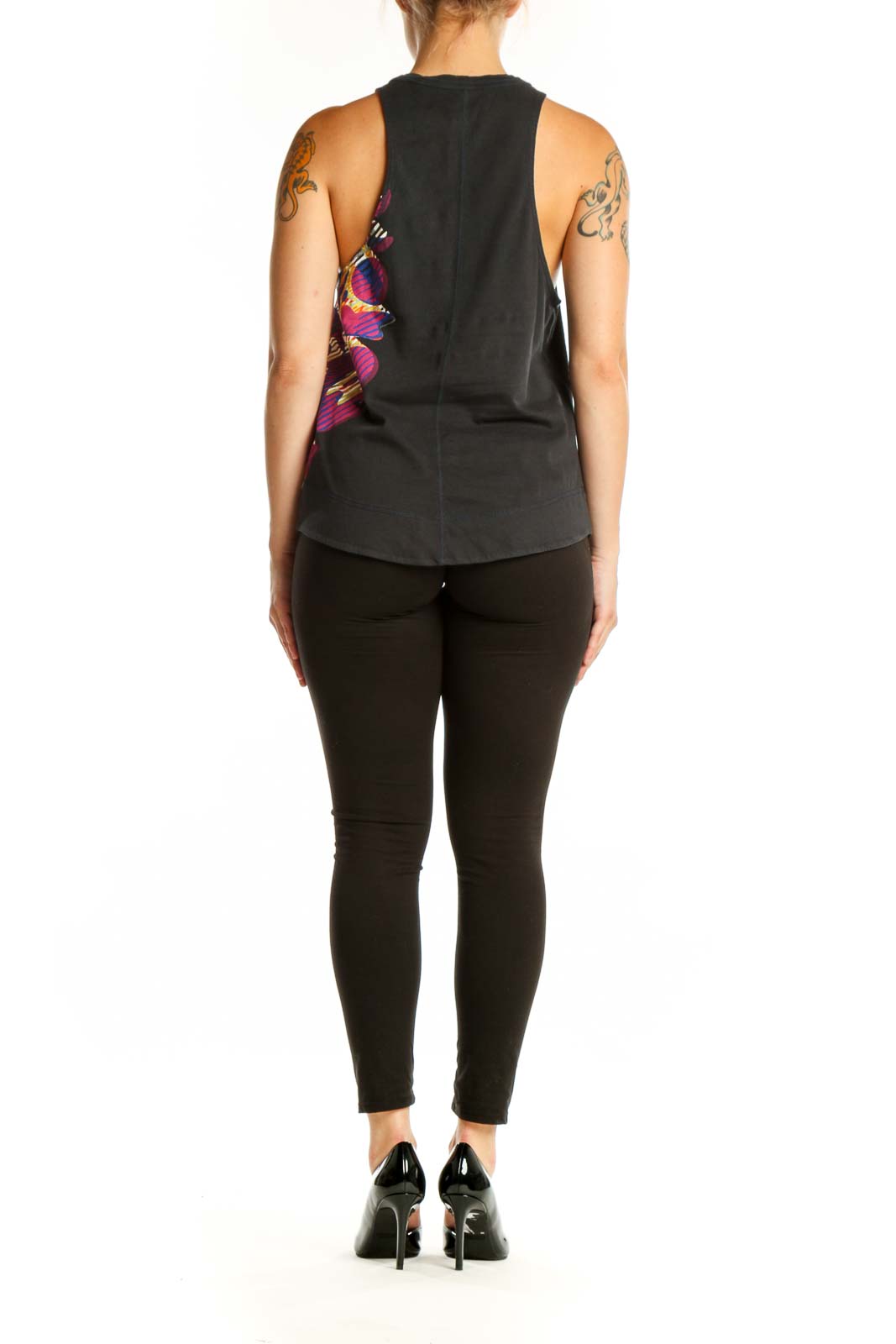 Black cotton activewear tank with vibrant purple, yellow, and pink geometric side panels, back view