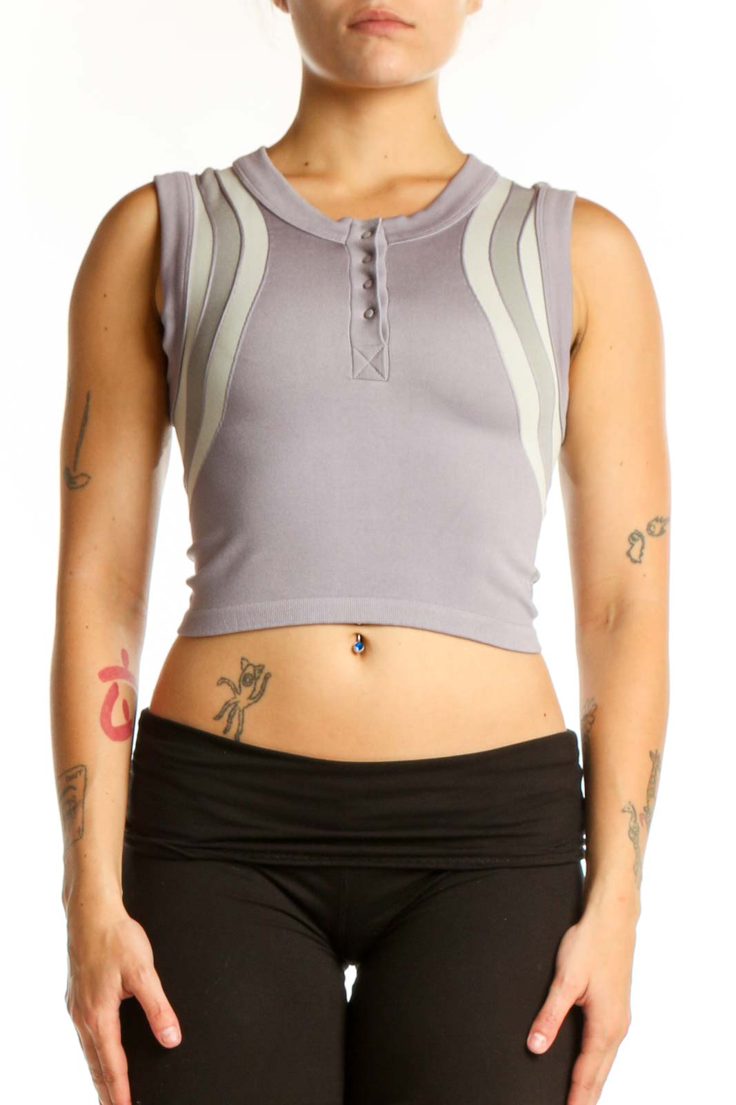 Gray striped crop tank top with cream vertical stripes and henley neckline, front view