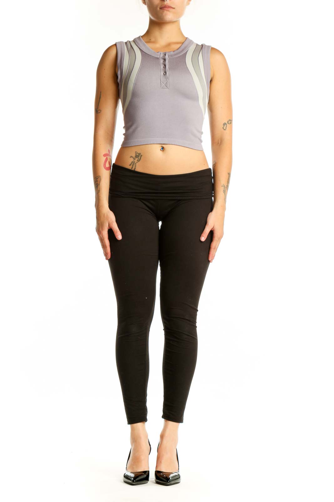Gray striped crop tank top with cream vertical stripes and henley neckline, front view