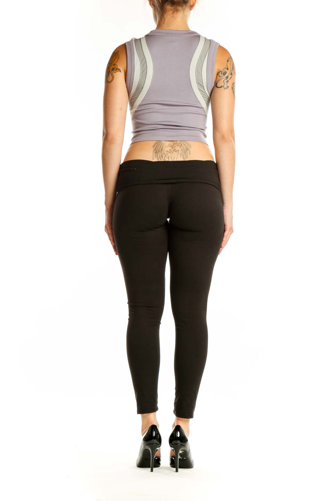Gray striped crop tank top with cream vertical stripes, back view showing cropped fit