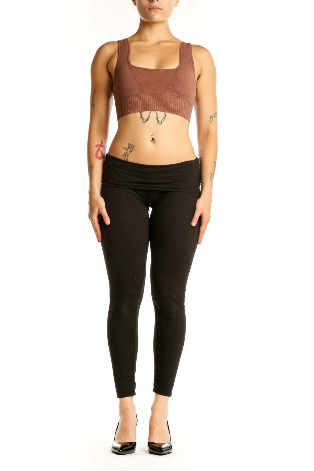 Burgundy ribbed sports bra with square neckline and black leggings, front view