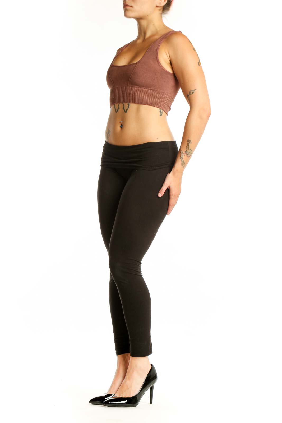 Burgundy ribbed sports bra with square neckline and black leggings, front view