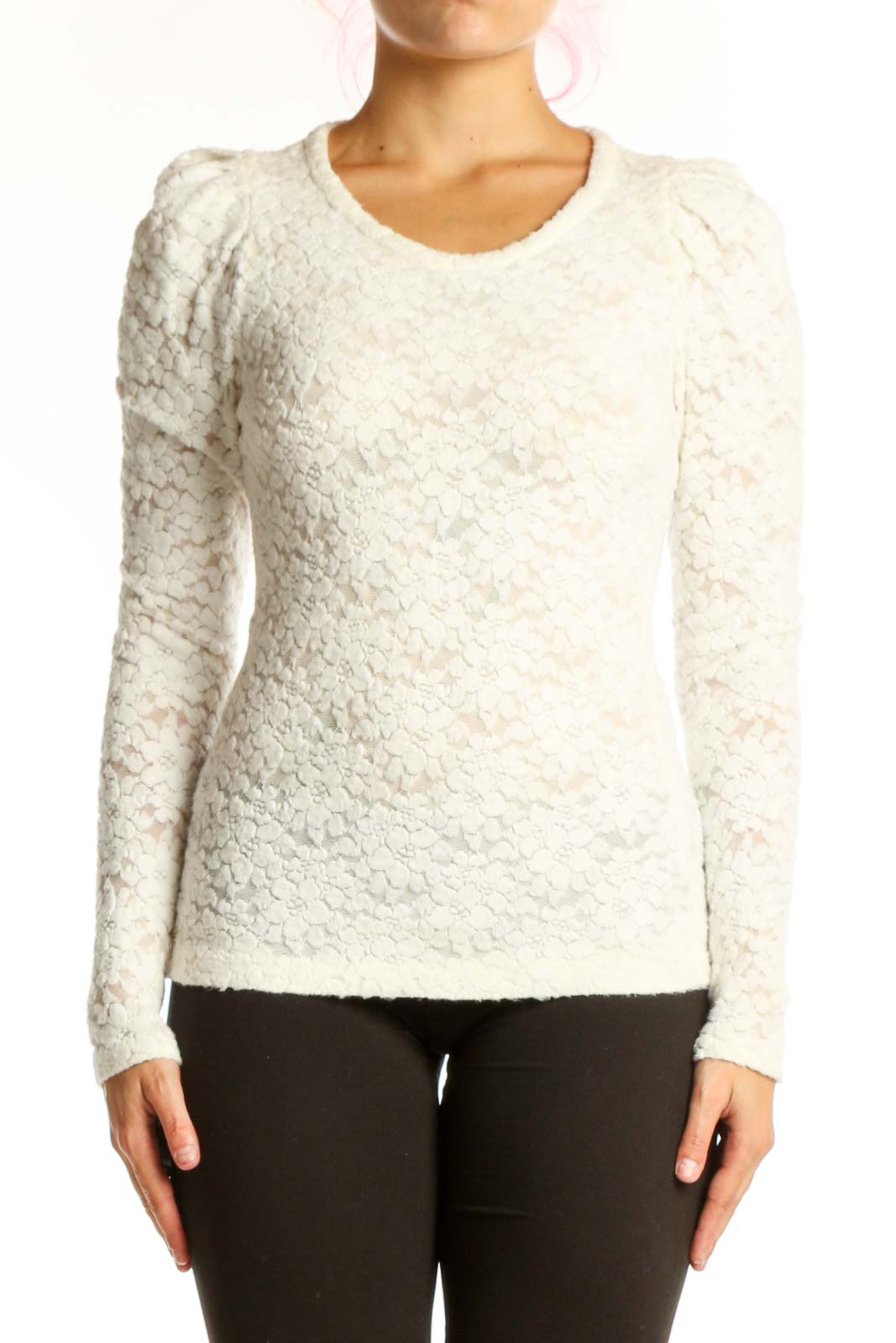 Maje cream textured knit top with puff sleeves, crew neckline, and fitted silhouette on model