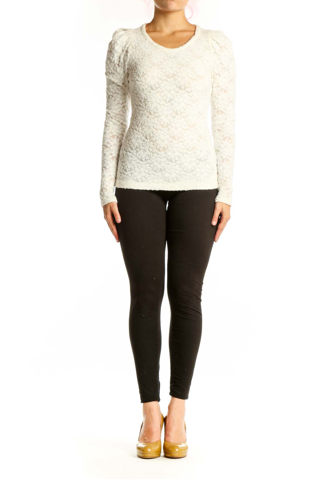 Maje cream textured knit top with puff sleeves, crew neckline, and fitted silhouette on model