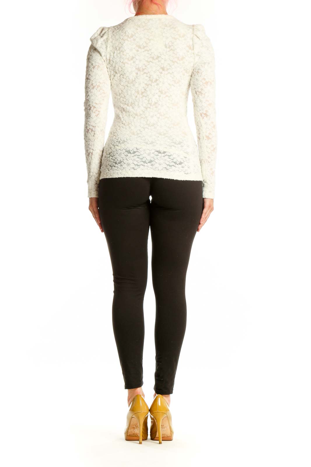 Back view of Maje cream textured knit puff sleeve top showing fitted design and quality construction