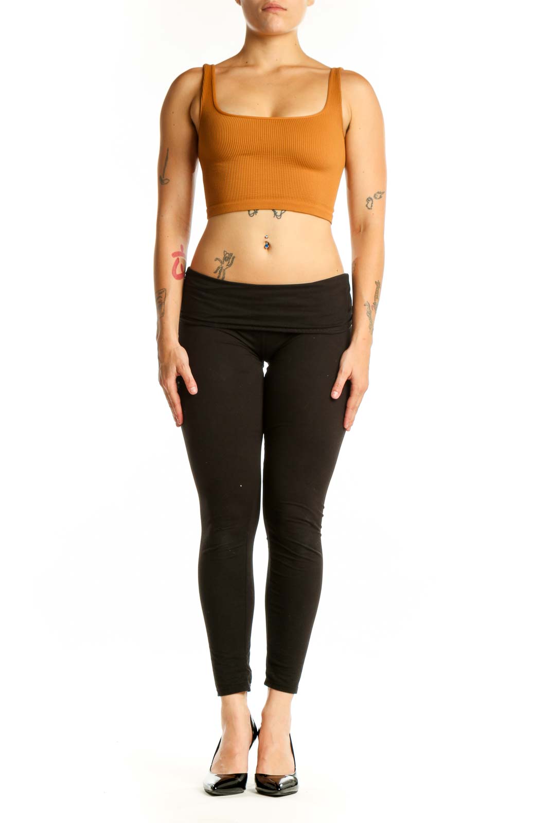 Orange ribbed crop tank top with square neckline, front view on model