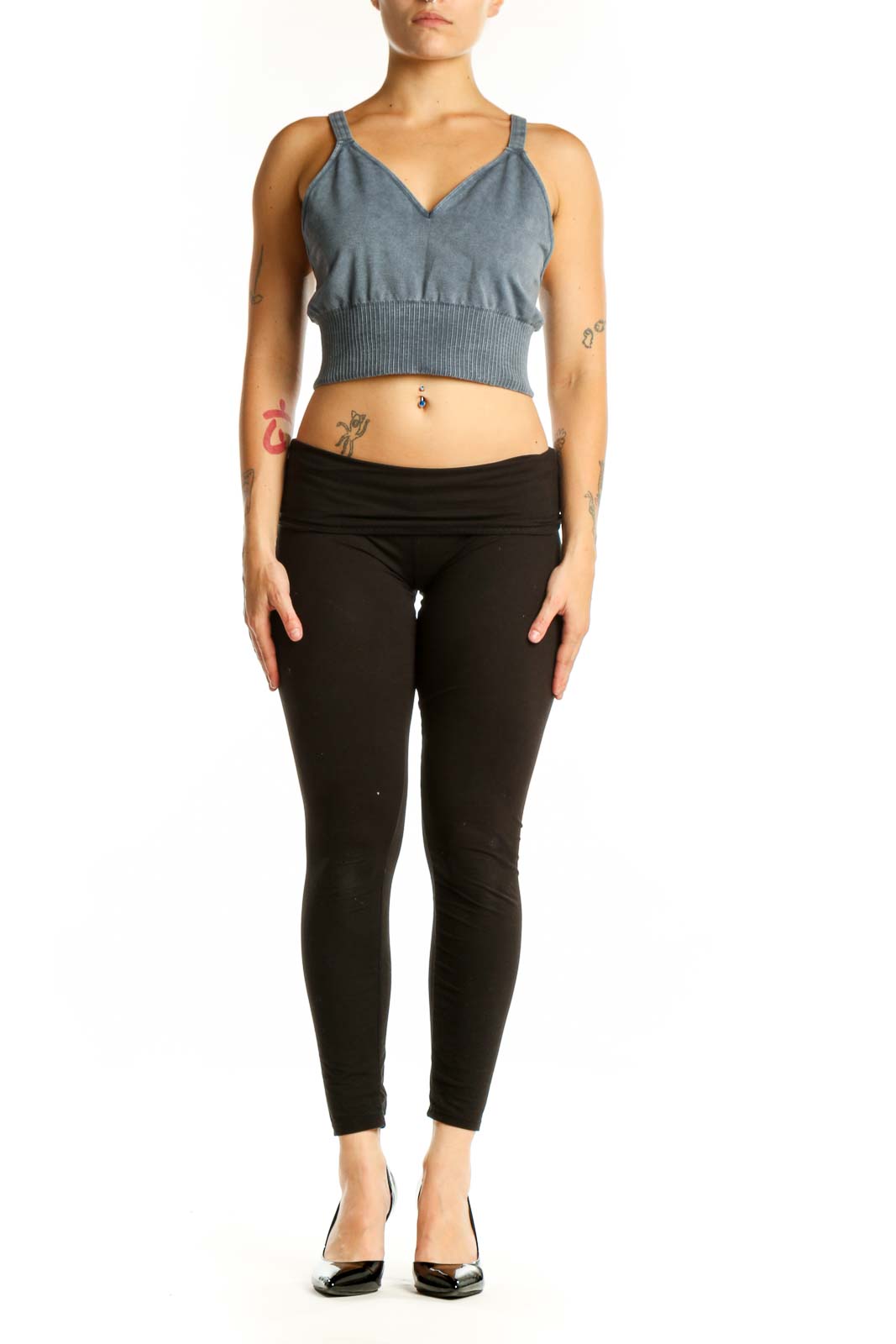 Blue ribbed crop tank top with V-neckline and spaghetti straps, front view