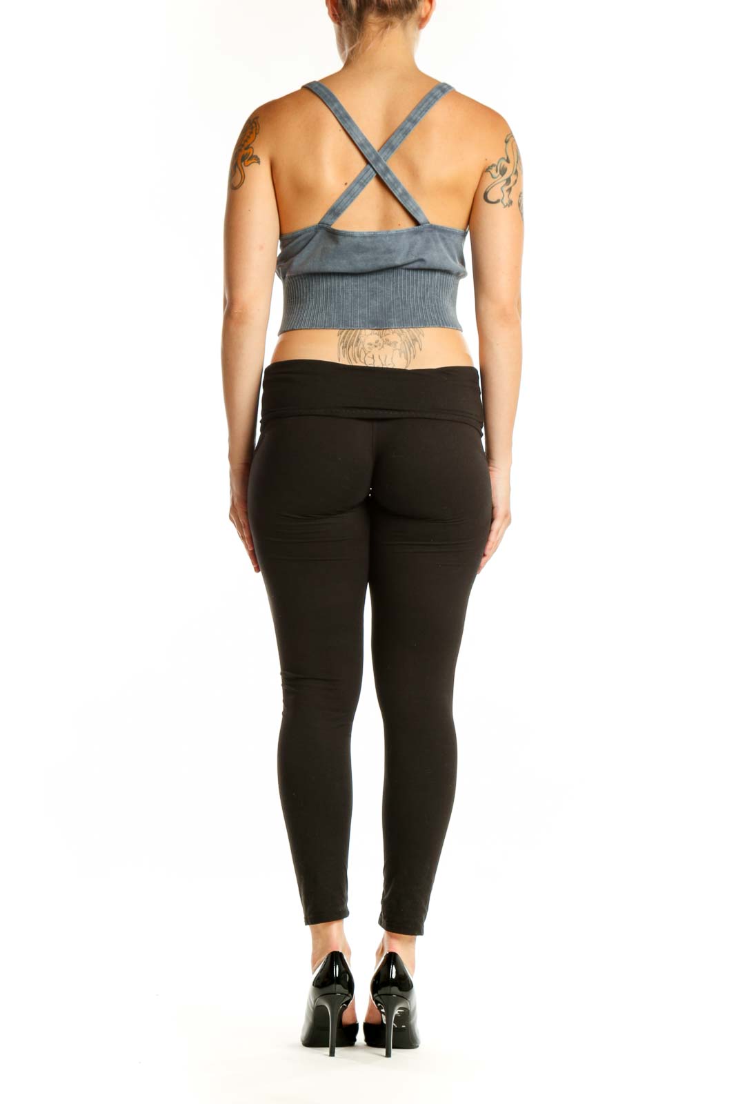 Blue ribbed crop tank top with V-neckline and spaghetti straps, back view