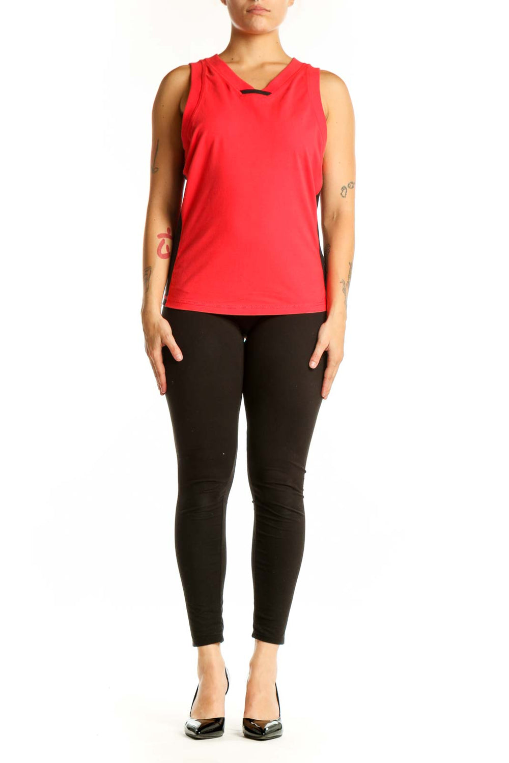 Red athletic tank top with V-neckline and black cutout detail, front view