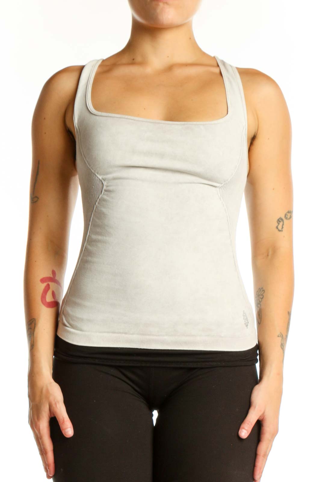 White racerback athletic tank top with square neckline, front view on model