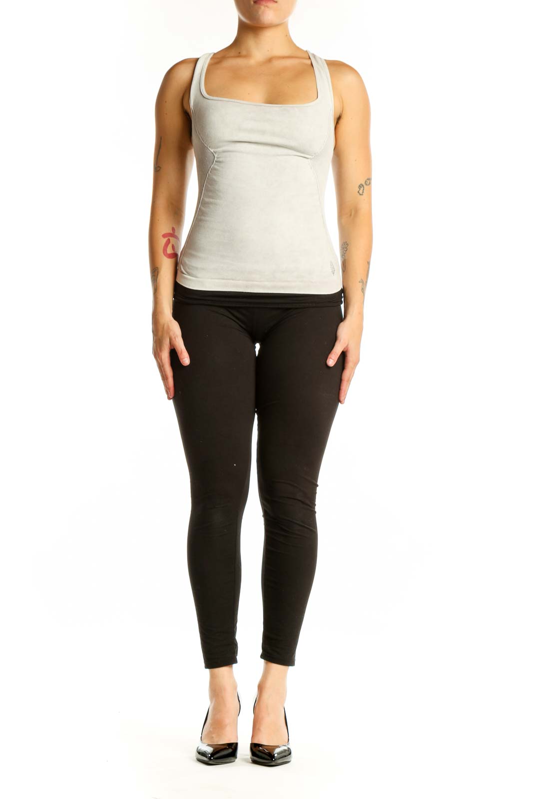 White racerback athletic tank top with square neckline, front view on model