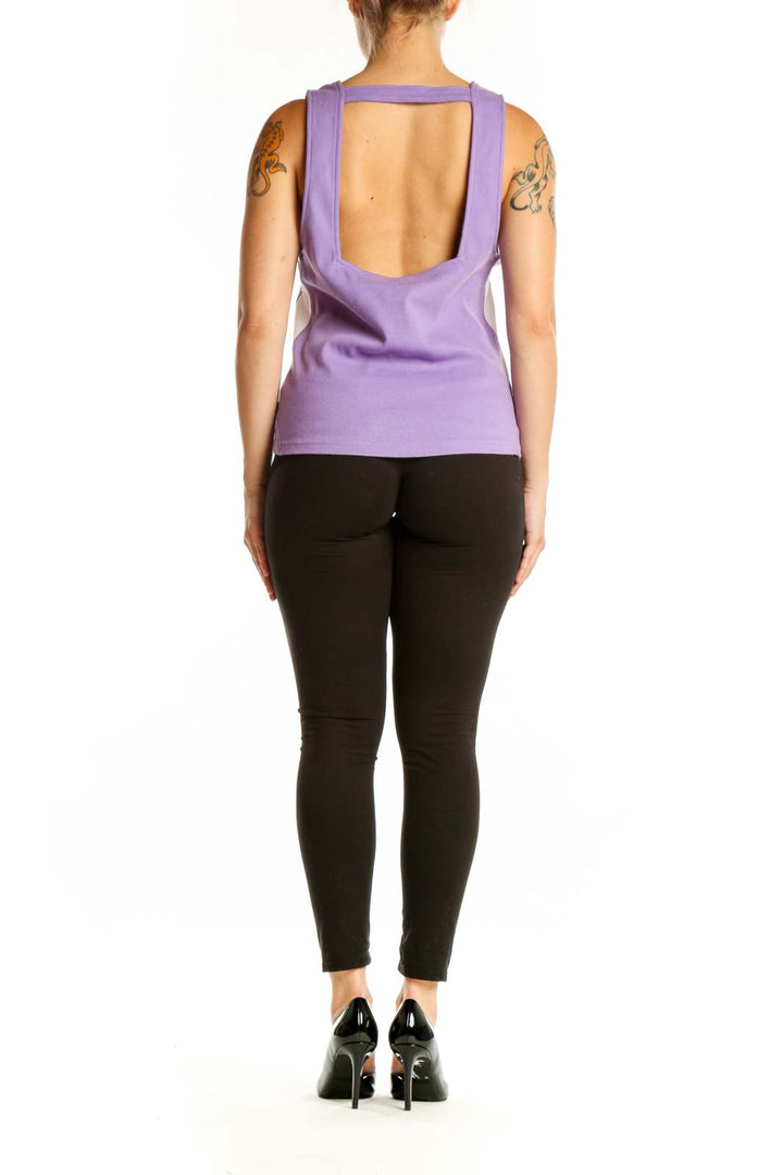 Back view of purple sleeveless tank top showing fitted silhouette and V-neckline