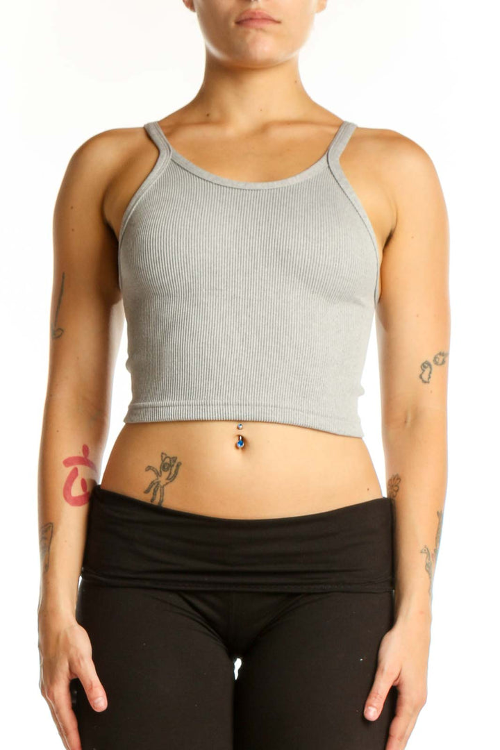 Gray ribbed crop tank top with spaghetti straps, front view on model