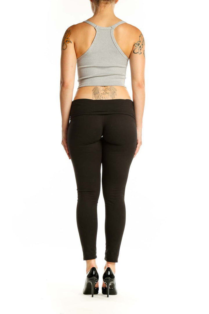 Gray ribbed crop tank top, back view showing fitted silhouette and strap design
