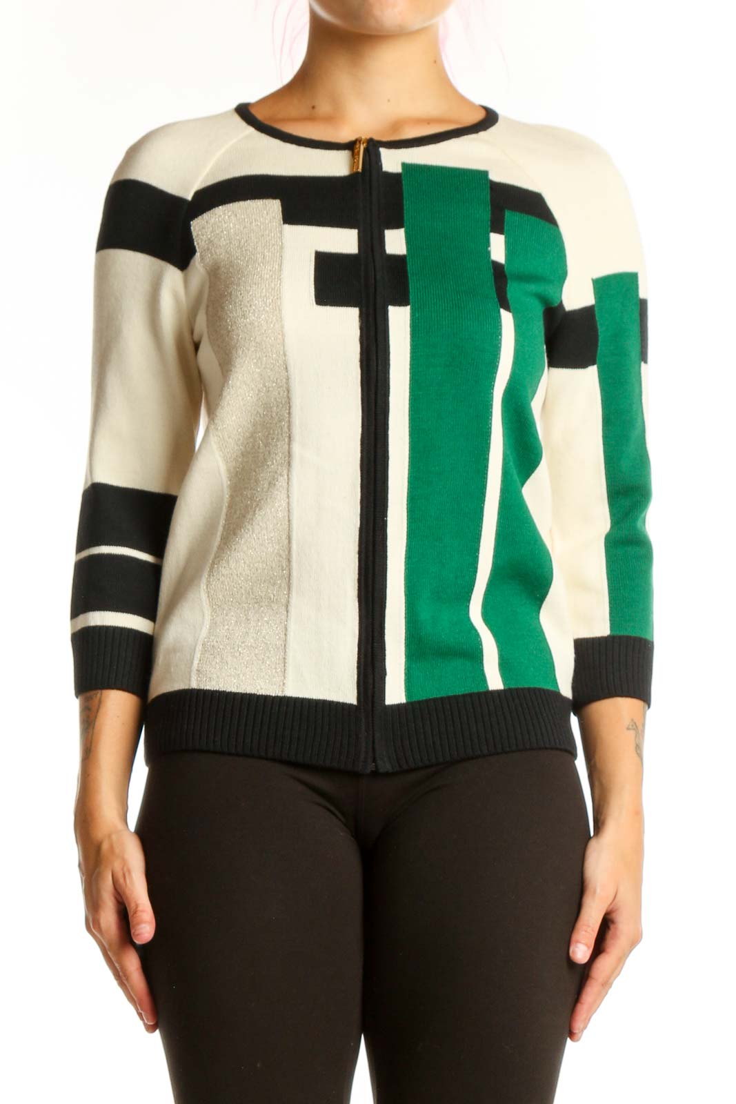 Front view of green and cream geometric knit cardigan with black accents and metallic details by St. John