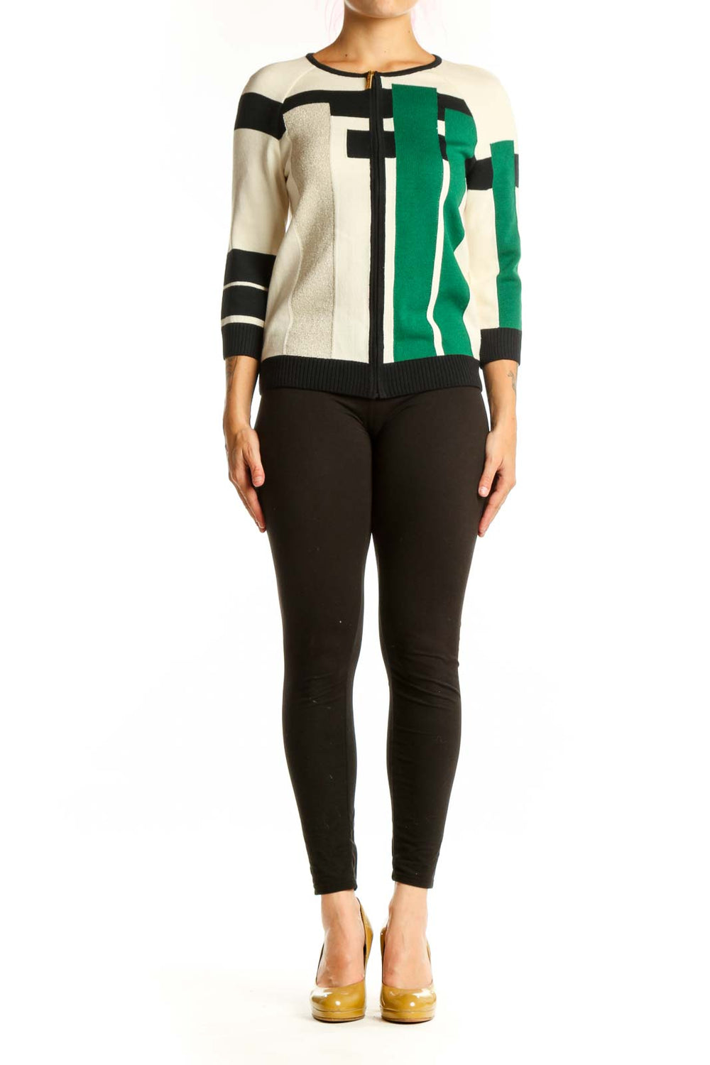 Front view of green and cream geometric knit cardigan with black accents and metallic details by St. John