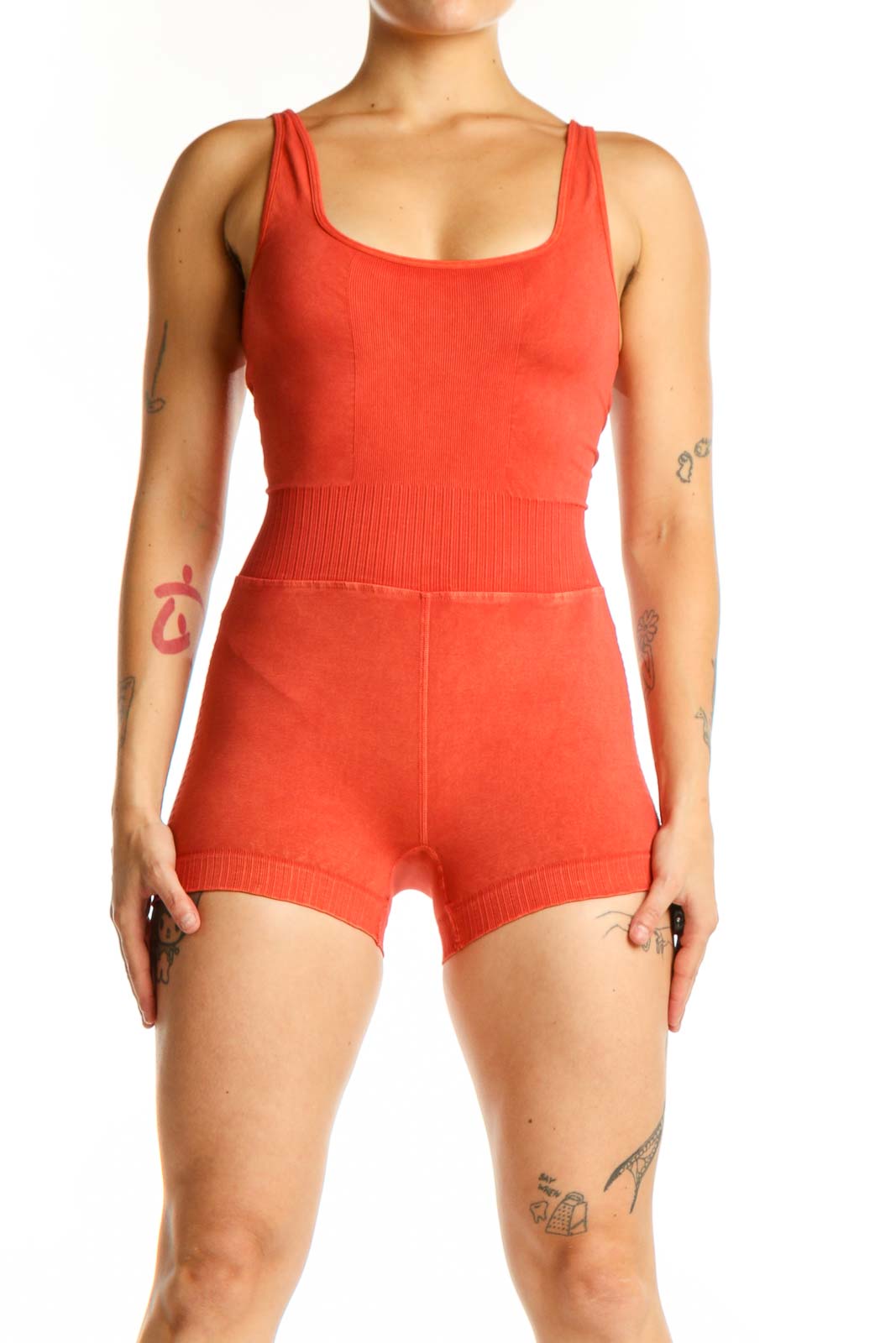 Red ribbed knit shorts romper with scoop neckline and fitted waistband, front view