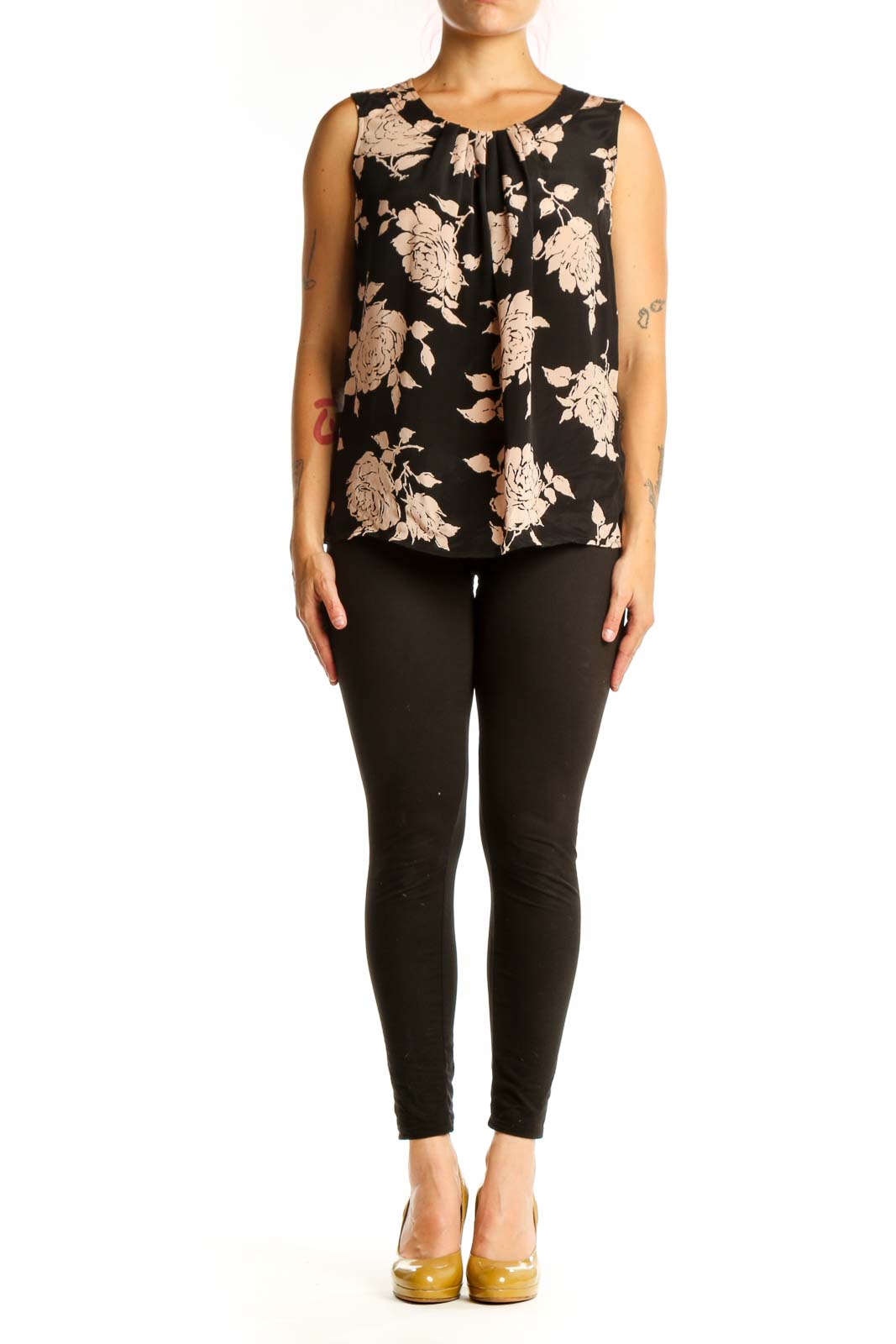 Black floral silk sleeveless top with cream and beige flower print and gathered neckline detail, front view