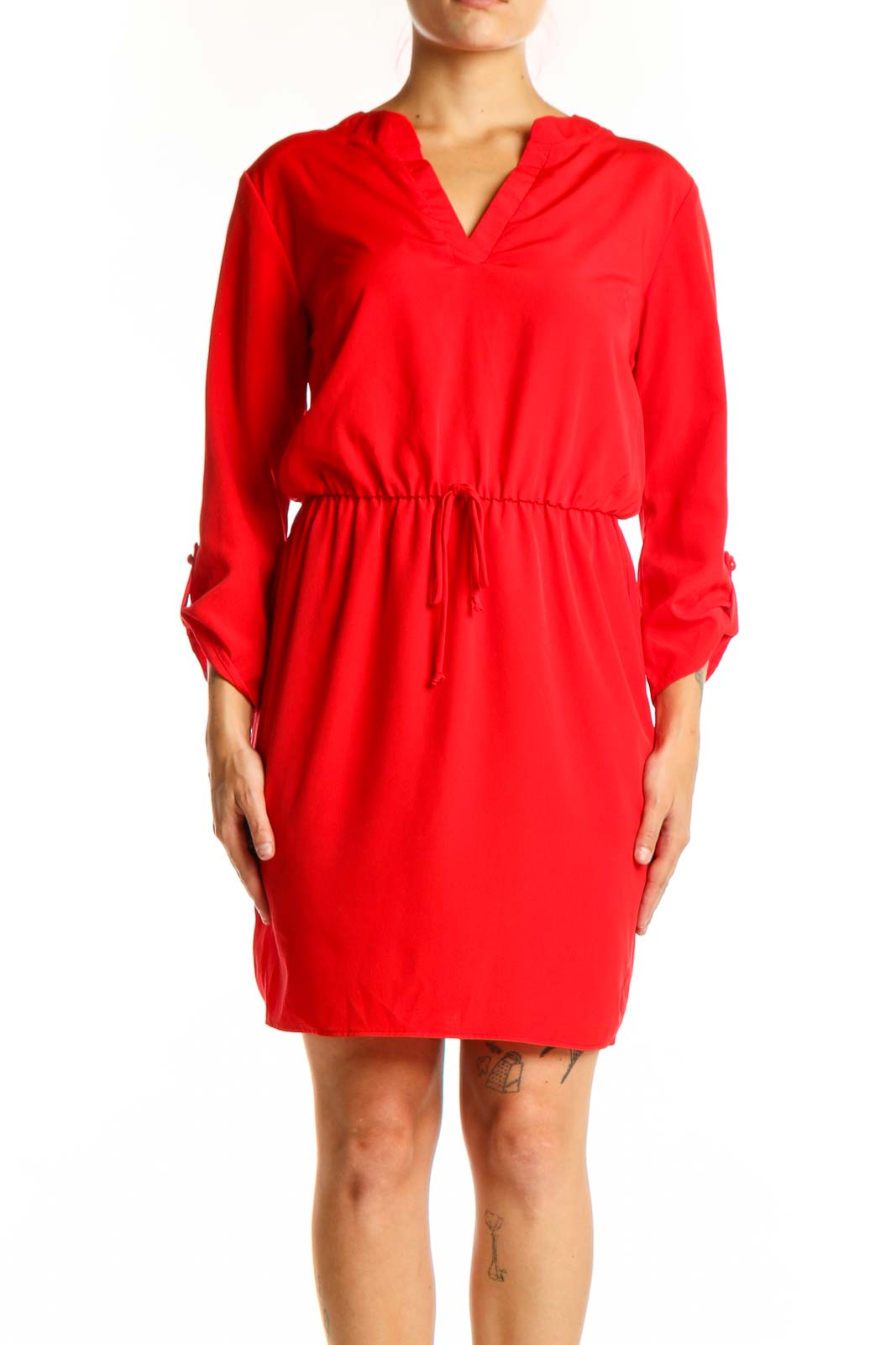 Red hooded polyester dress with drawstring waist and three-quarter sleeves, front view