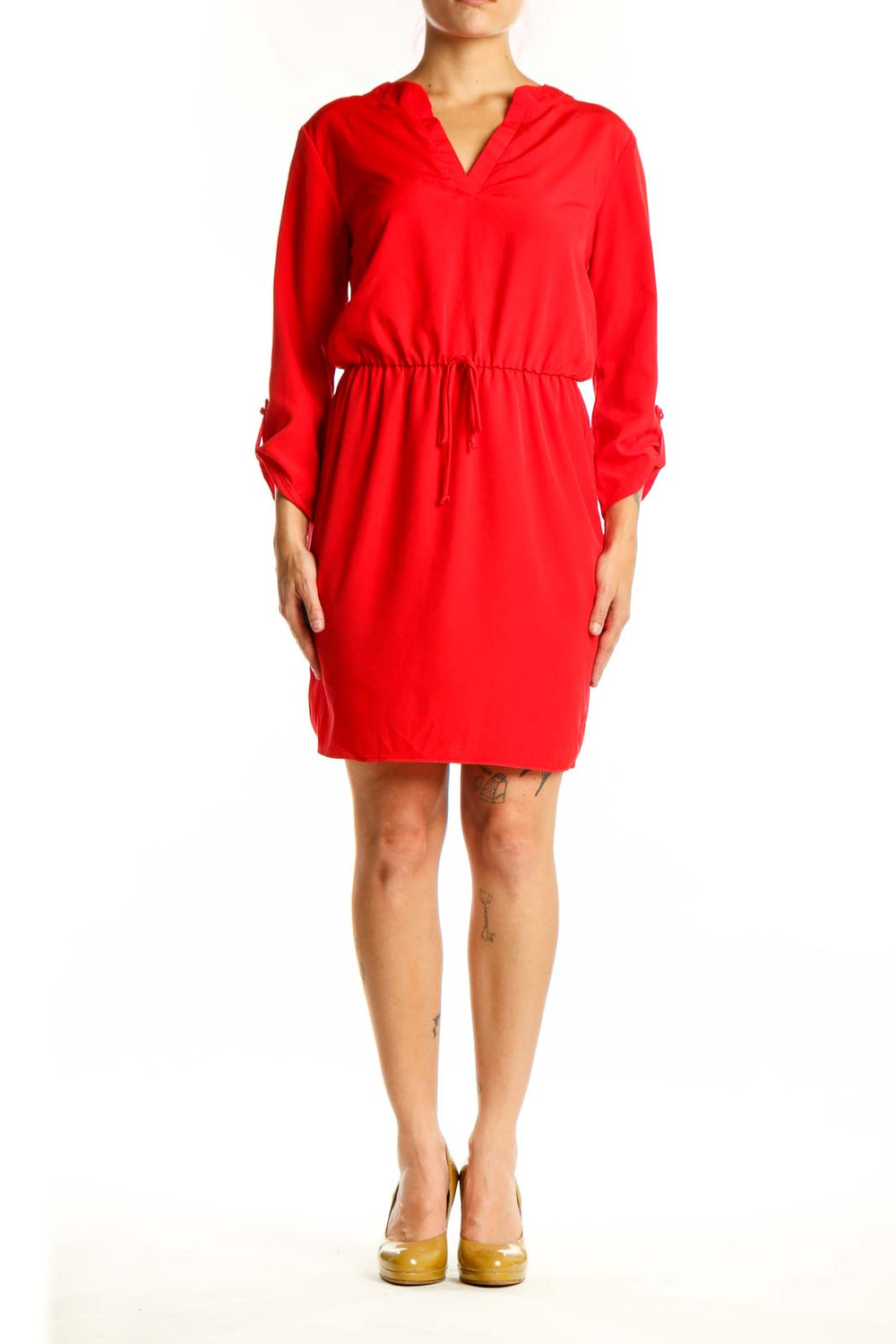 Red hooded polyester dress with drawstring waist and three-quarter sleeves, front view