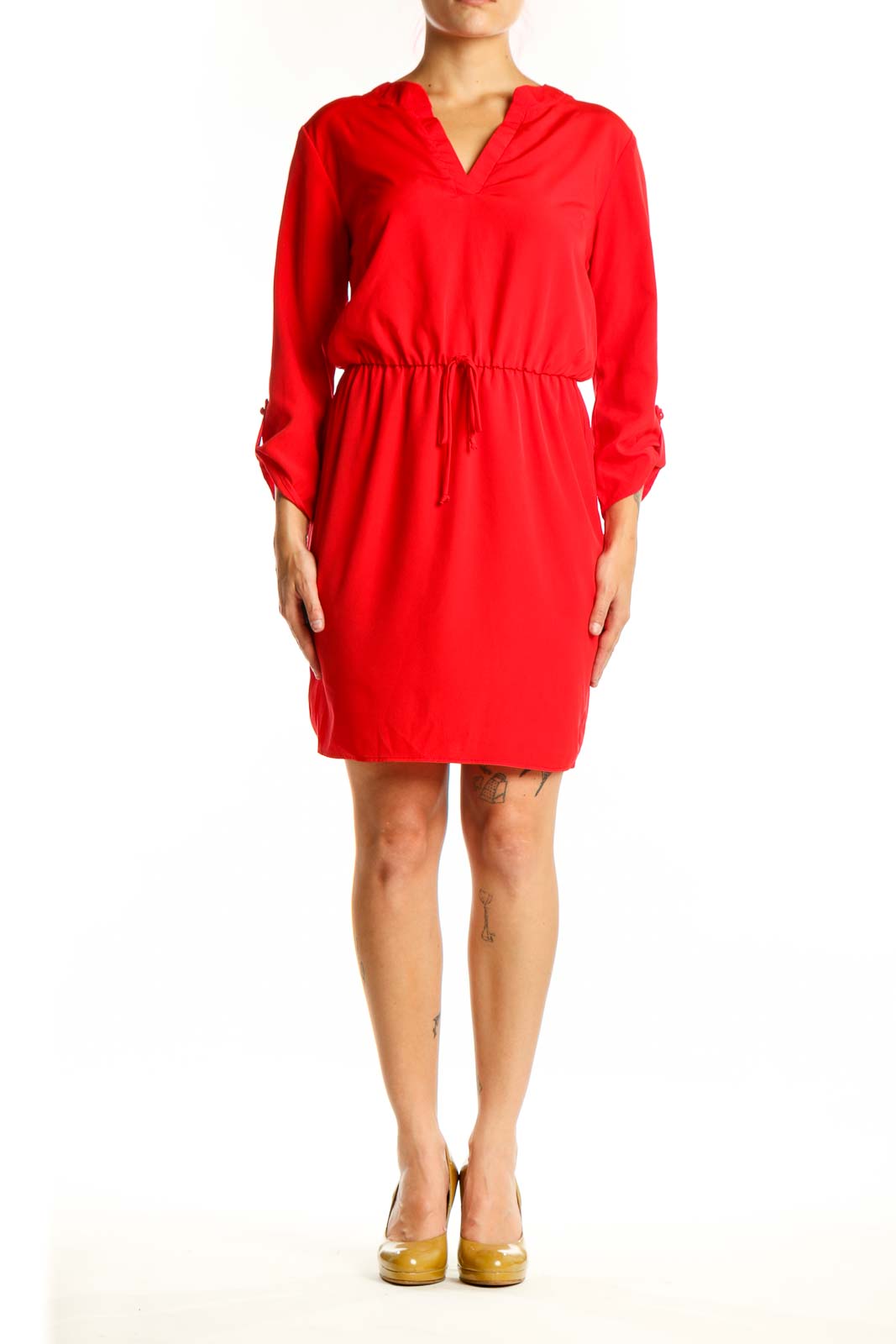 Red hooded polyester dress with drawstring waist and three-quarter sleeves, front view