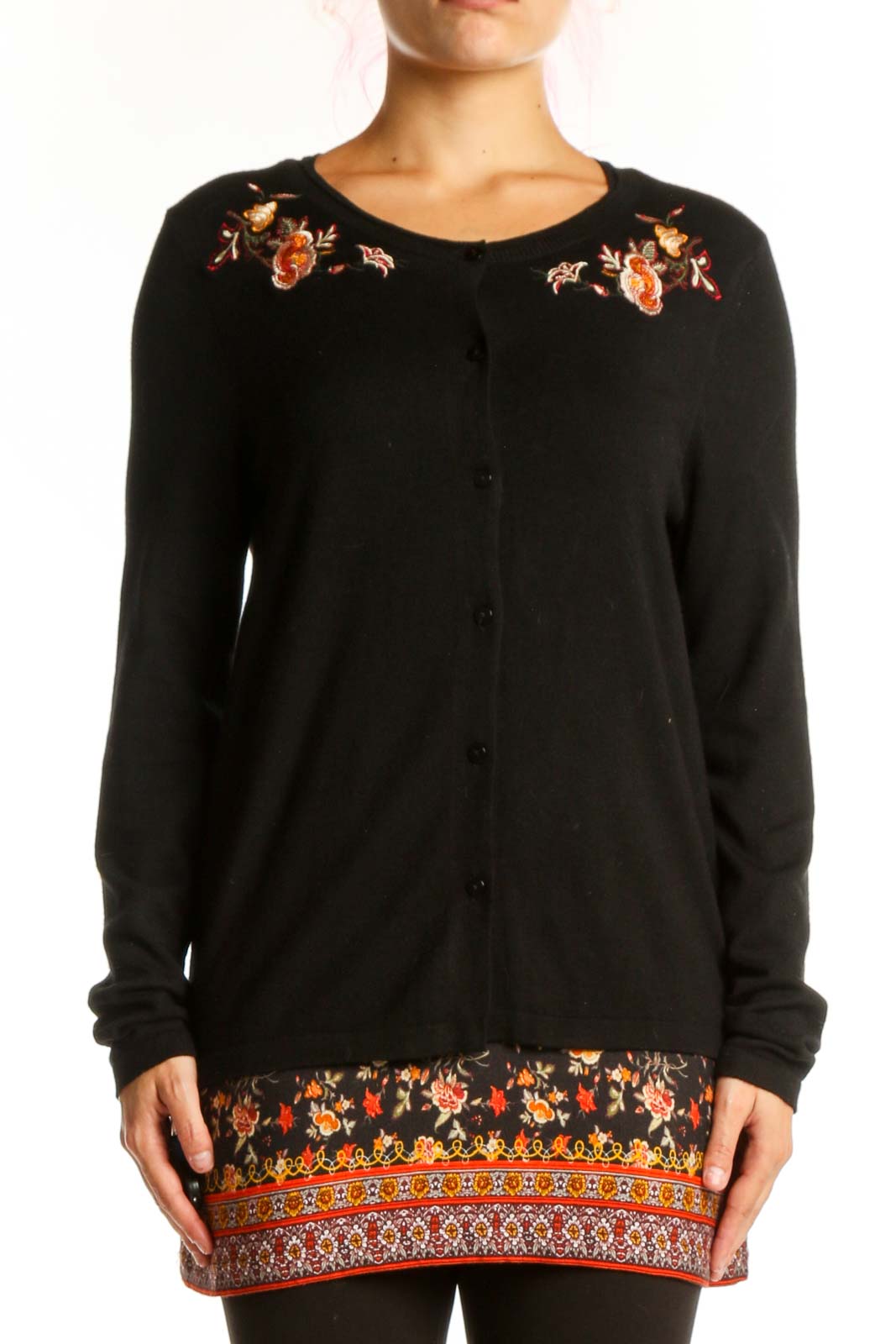 Black Desigual knit cardigan with orange and red floral embroidery on shoulders and hem, button-front closure, long sleeves