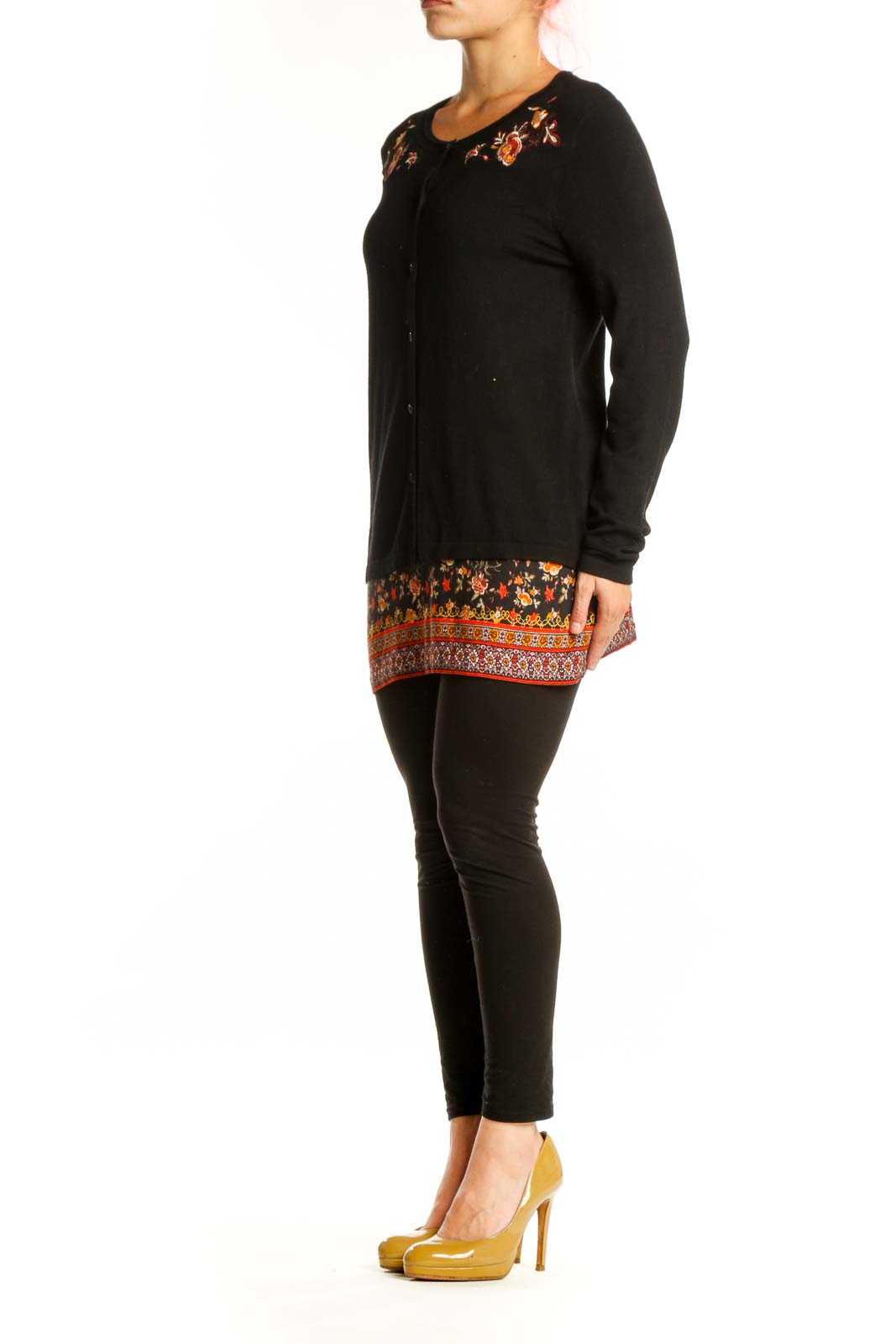 Black Desigual knit cardigan with orange and red floral embroidery on shoulders and hem, button-front closure, long sleeves