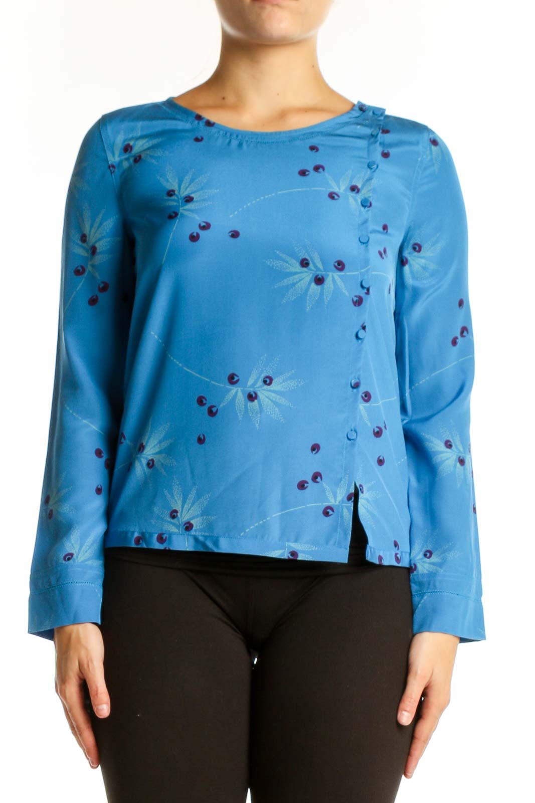 Blue silk long sleeve top with purple floral and botanical print, cropped fit, front view
