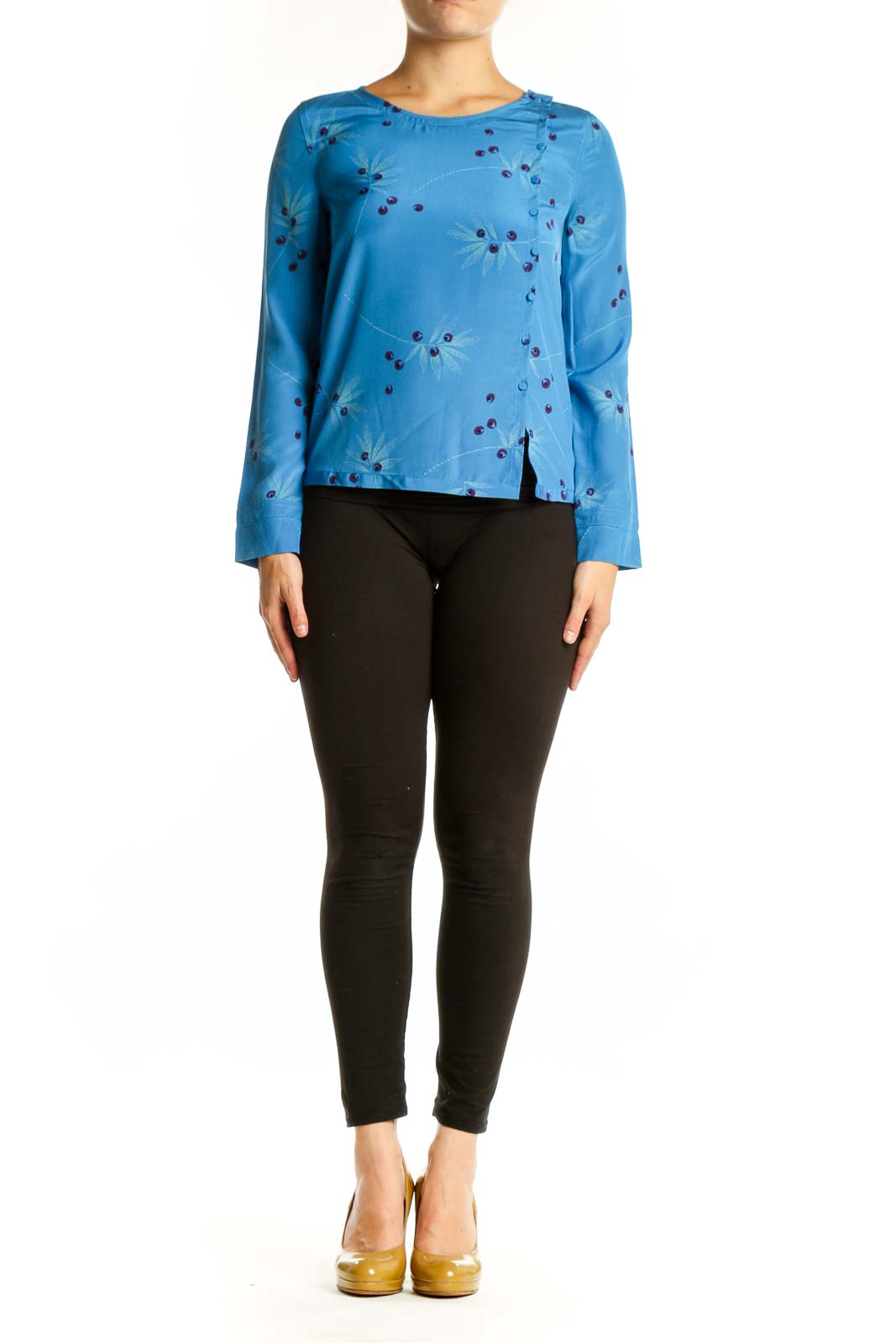 Blue silk long sleeve top with purple floral and botanical print, cropped fit, front view