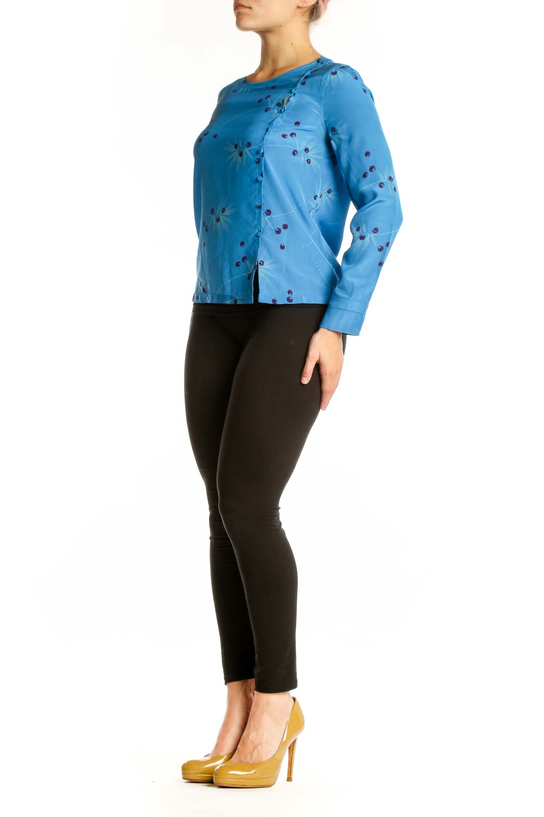 Blue silk long sleeve top with purple floral and botanical print, cropped fit, front view