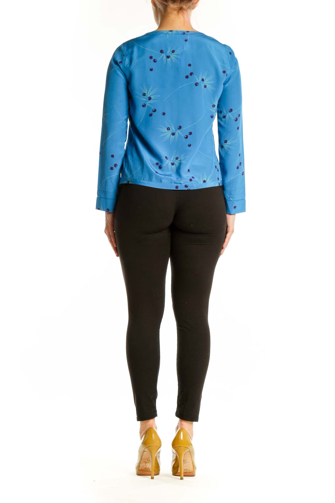 Blue silk long sleeve top with botanical print, cropped silhouette, back view
