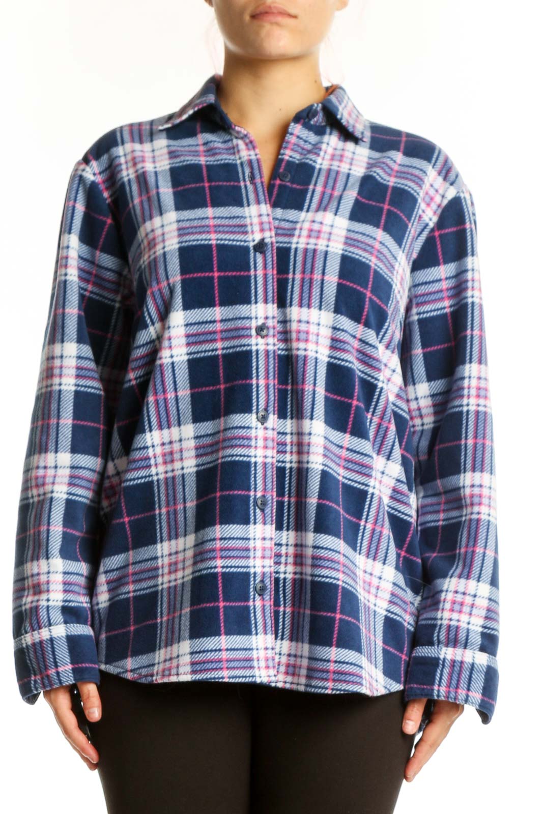 Navy plaid flannel button-up jacket with pink and white check pattern, front view on model