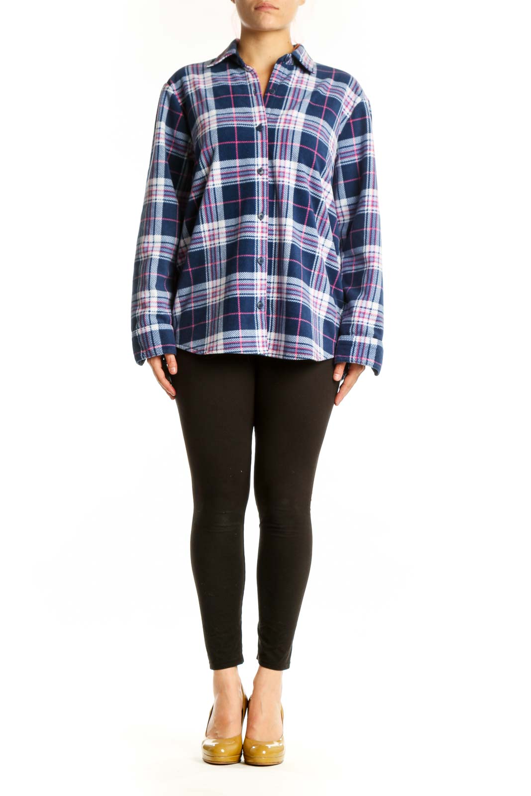 Navy plaid flannel button-up jacket with pink and white check pattern, front view on model