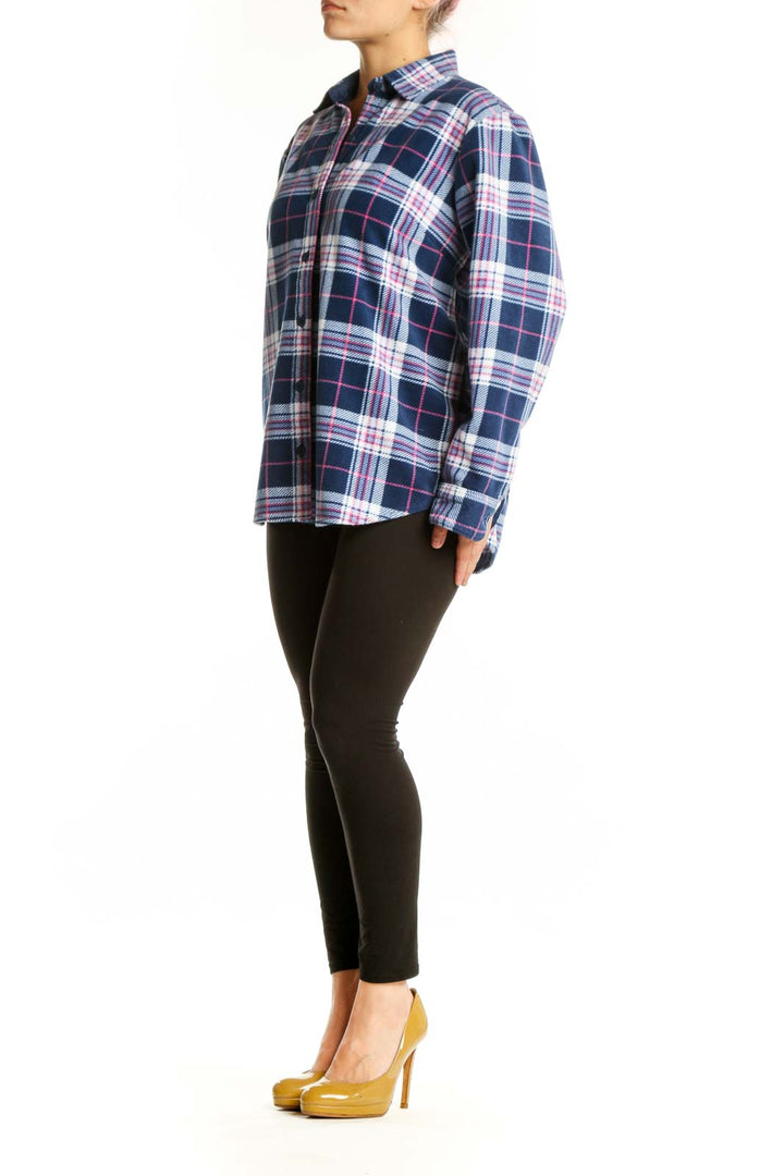 Navy plaid flannel button-up jacket with pink and white check pattern, front view on model