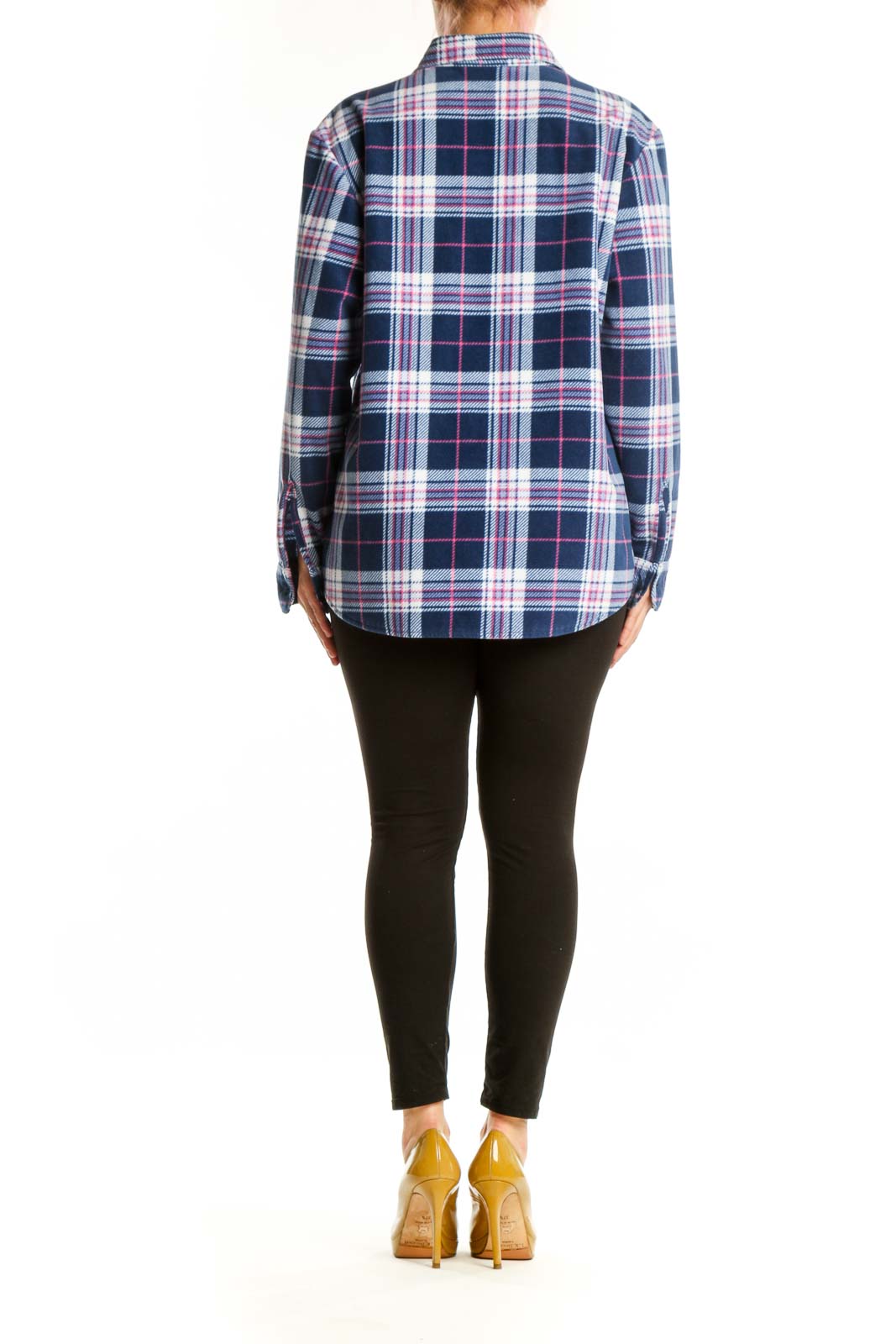 Navy plaid flannel button-up jacket back view, showing full length and relaxed fit