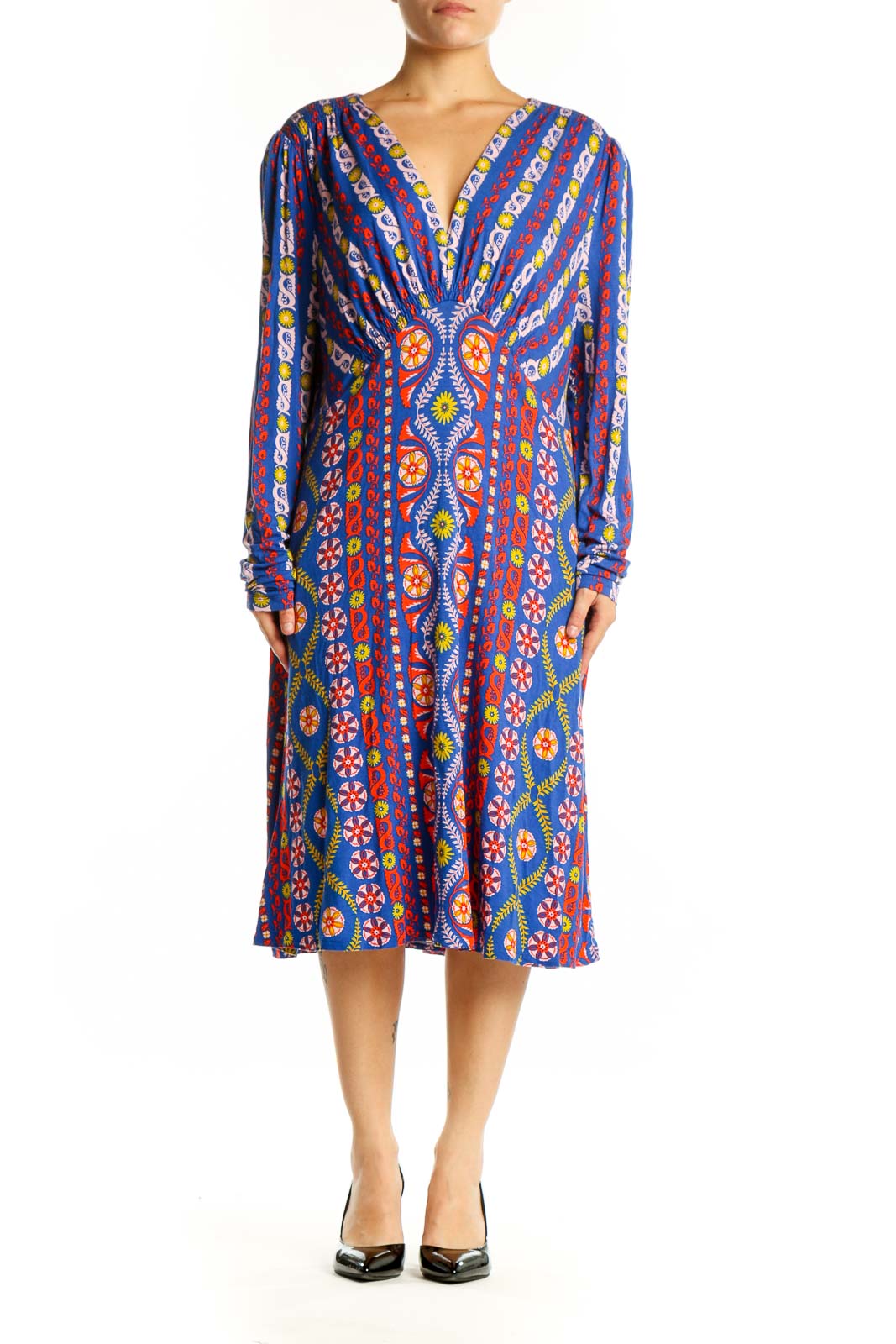 Front view of blue multicolor geometric print Boden midi dress with V-neckline and long sleeves