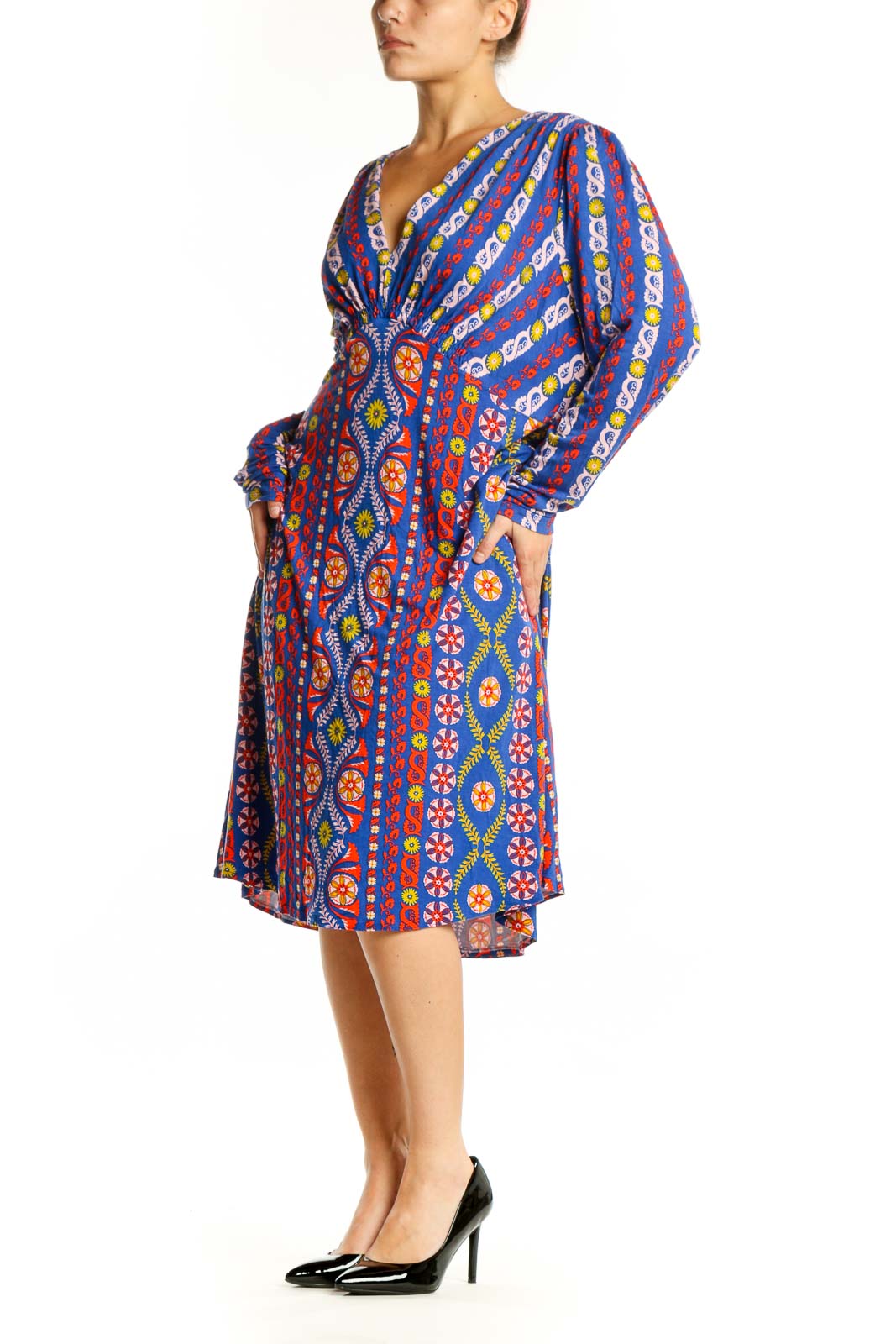 Front view of blue multicolor geometric print Boden midi dress with V-neckline and long sleeves