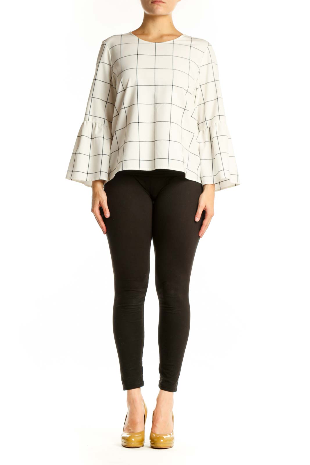 Cream grid print bell sleeve top with geometric pattern, front view on model