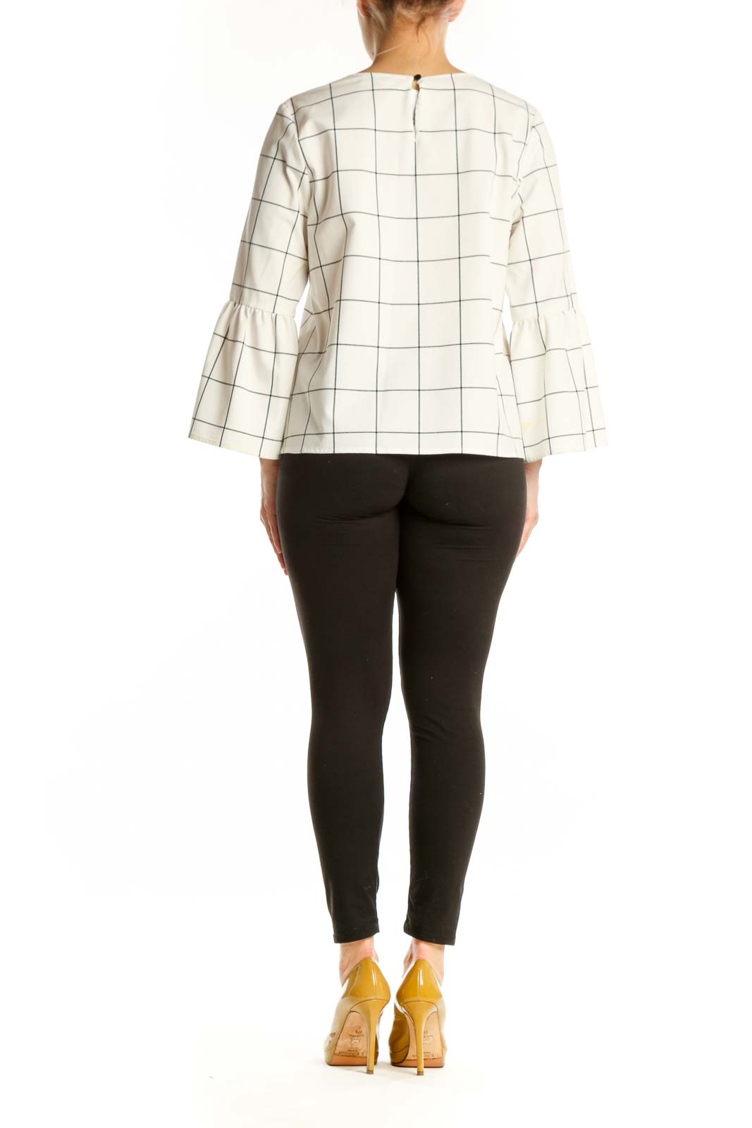 Cream grid print bell sleeve top with geometric pattern, back view on model